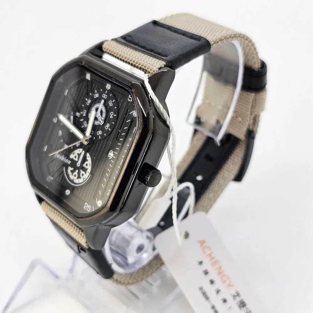 Men's Watch 42MM Black Case Black Dial Date‎ Black Tan Canvas Band Straps